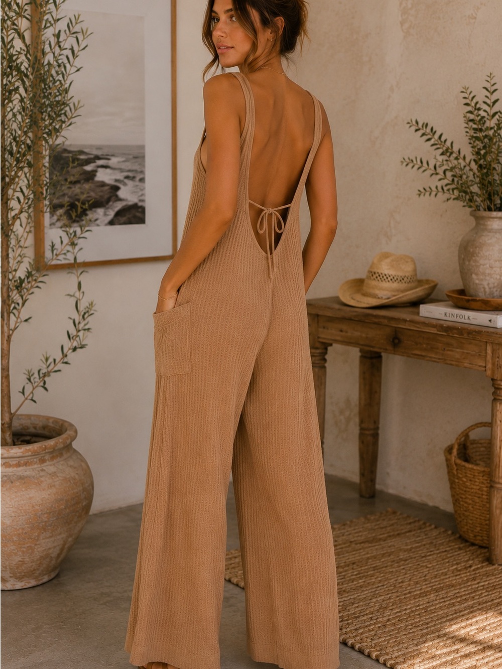 Zenana Outfitters Camel Wide-Leg Knit Jumpsuit - Picture 2 of 2